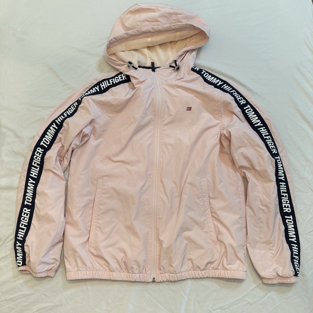 Tommy Hilfiger Sport Hooded Windbreaker Jacket Small S Pink Tape Logo Y2K